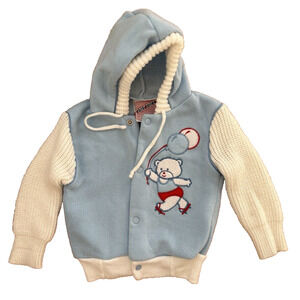 Vintage Baby Varsity Jacket Sweater Blue Bears Balloons Snaps Hooded 18 mo